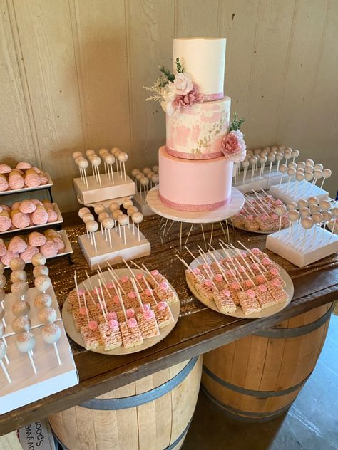 18th Birthday Sweet Table, 21st Food Table, Sweets Table Quinceanera, Pink Dessert Tables Quince, Pink Party Food Table Display, Pink Dessert Tables Ideas, Candy Table Dessert Ideas, Light Pink Dessert Table, Sweet 15 Dessert Table