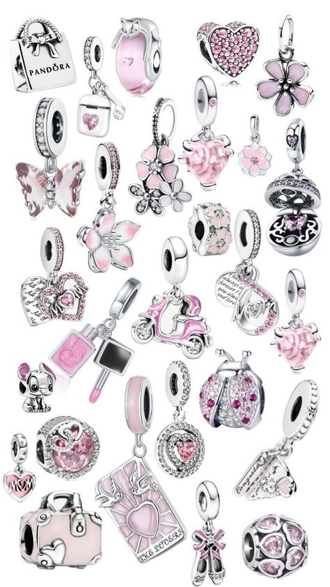 Pandora Charms Pink, Pandora Bracelet Ideas, Pandora Bracelet Charms Ideas, Silver Pandora Charms, Girly Bracelets, Pandora Bracelet Designs, Cute Jewellery, Pandora Jewelry Charms, Pandora Pink