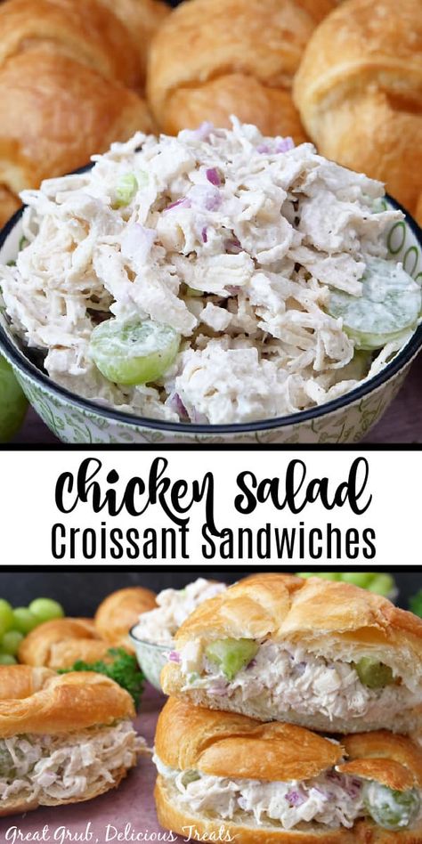 Chicken Salad Croissant Sandwiches are a creamy and delicious chicken salad recipe that is perfect for brunch, lunch, or mini appetizers. Brunch Chicken Salad, Crossiant Chicken Sandwich, Chicken Salad Crossant Recipes, Best Mini Sandwiches, Chicken Salad And Croissants, Croissants Sandwiches Ideas, Chicken Salad Sandwich On Croissant, Chicken Salad Croissant Sandwich Mini, Crescent Sandwiches Cold