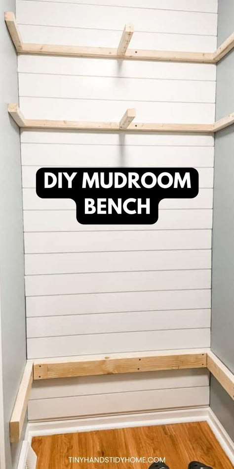 Wood Supports for bench and shelving in front of shiplap mudroom wall. The text over the image reads, "DIY mudroom bench". Mudroom Ideas Diy, Closet Bench, Closet Mudroom, Small Mudroom Ideas, Small Mudroom, Diy Entryway Bench, Mudroom Remodel, Mudroom Closet, Mudroom Makeover