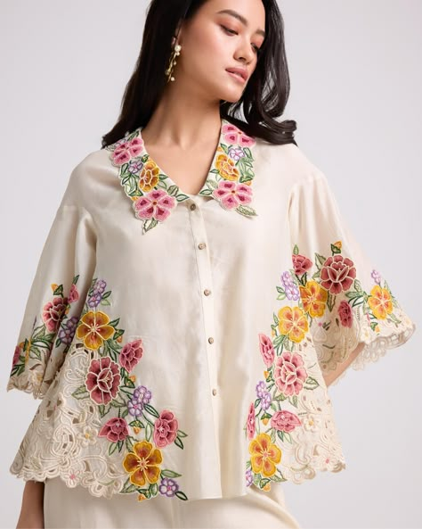 IVORY FLORAL CUTWORK SHIRT Cutwork Designs, Eid 2024, Floral Cutwork, Floral Embroidered Shirt, Fashion Illustration Collage, Fancy Shirt, Statement Blouse, Emb Designs, Beautiful Pakistani Dresses