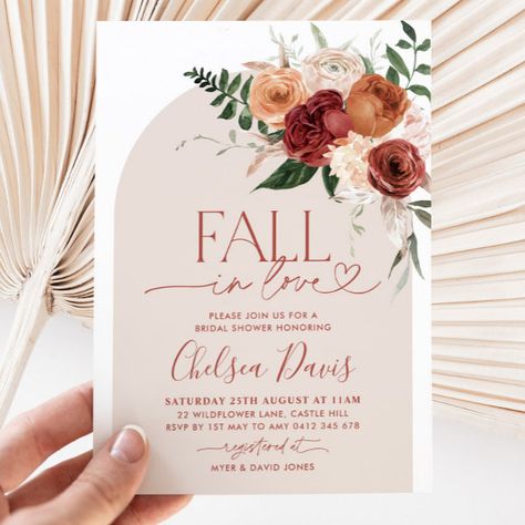 Fall In Love Floral Bridal Shower Arch Invitation Bridal Shower Fall Ideas, Falling In Love Wedding Shower Ideas, Bridal Shower Ideas For November, Wedding Shower Boho Theme, Falling In Love Theme Bridal Showers, Fall In Love Bridal Shower Backdrop, Fall Floral Bridal Shower Ideas, Fall In Love Theme Bridal Showers, Fall In Love Bridal Shower Invitations