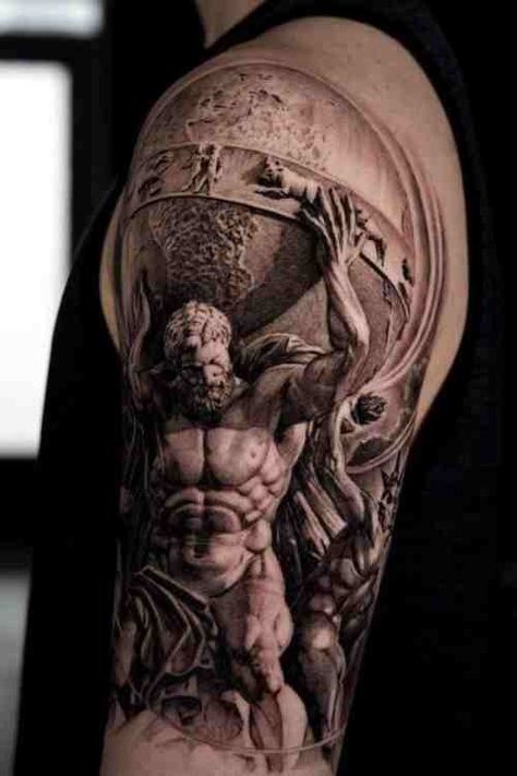 Greek Mythology Tattoo Ideas For Tattoo Lovers (With Examples!) - Tattoo Stylist Greek God Shoulder Tattoo, Greek Half Sleeve Tattoo, Tattoo Ideas Greek Mythology, Tattoo Ideas Greek, Mythology Tattoo Ideas, Greek Mythology Tattoo Ideas, Hercules Tattoo, Aphrodite Tattoo, Tattoo Homme