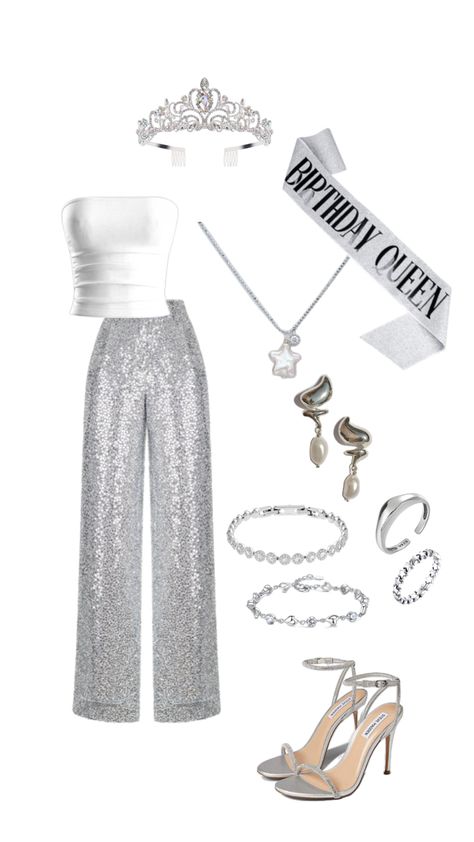 18th Birthday Party Outfit Ideas, Disco Bday Party Outfits, Silver Theme Outfit, Disco Birthday Outfit Ideas, Birthday Outfit Fancy, Silver And White Theme Party, 18th Party Outfit, Disco Silver Party, Platinum Birthday Party Ideas