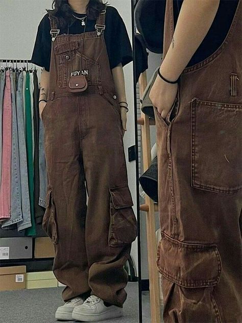 Cargo Pants Overalls, Style With Overalls, Brown Under Shirt Outfit, Masc Goblincore Outfits Summer, Cargo Overalls Outfit, Earthy Masculine Outfits, Mosscore Outfit Masc, Cute Outfits Brown, Thrift Inspo Vintage