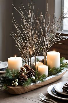 Glass Hurrican Centerpieces Winter, Scented Pinecones Display, Wooden Bowls Decor Ideas Christmas, Diy Christmas Table Settings, Rectangle Table Christmas Centerpieces, Tall Vase Christmas Decor, Rustic Easy Diy Christmas Centerpieces For Table, Deer Centerpiece Ideas Christmas, Christmas Floral Arrangements Diy Vase