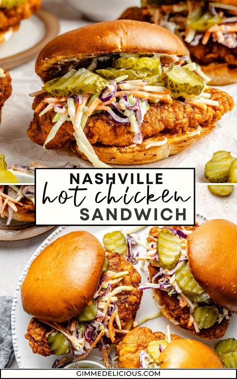 Nashville Hot Chicken Sandwiches are bursting with the most delicious spicy, slightly sweet flavor! Perfectly seasoned fried chicken with a super crunchy crust and juicy, moist center is coated in an irresistible hot sauce, then served on a toasted bun with mayo, coleslaw and pickles. Cooked Sandwich Recipes, Nashville Hot Chicken Cole Slaw, Burger King Spicy Chicken Sandwich, Nashville Hot Sandwich, Fried Chicken Sandwich With Coleslaw, Chicken On A Bun Sandwiches, Nashville Hot Chicken Burger, Healthy Nashville Hot Chicken Sandwich, Louisiana Hot Chicken