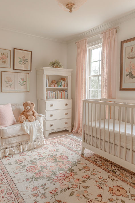 nursery decor, vintage nursery, nursery ideas, nursery, nursery design Classical Nursery, Simple Elegant Nursery, Little Baby Girls Room Nursery Ideas, Light Pink Baby Nursery, Pink French Nursery, Nursery For Girls Ideas, Nursery Girls Room, Nursery With Queen Bed, White Nursery With Pink Accents