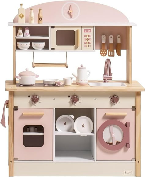 Cute Play Kitchen, Kitchen Set Toy, Wooden Toys For Girls, Play Kitchen Toys, Play Kitchen Set Up, Baby Kitchen Set, Kitchen Toys For Kids, Pink Play Kitchen, Girls Kitchen Set