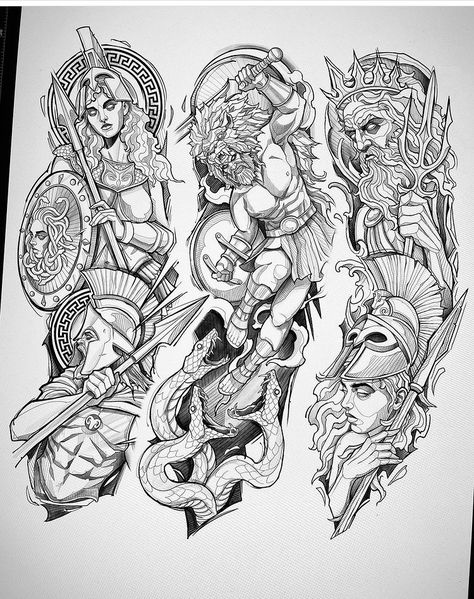 Greek Mythology Sleeve, Tatuaje Studio Ghibli, Hades Tattoo, Greek God Tattoo, Poseidon Tattoo, Zeus Tattoo, Egyptian Tattoo Sleeve, Half Sleeve Tattoos Drawings, Ghibli Tattoo