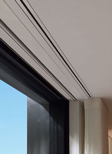 Curtain Pocket Ceiling, Recessed Curtain Tracks, Recessed Drapery Track, Modern Window Curtains Living Room, Recessed Curtain Track Detail, Recessed Blinds, Hidden Curtain Track, Recessed Curtain Track, Ceiling Mounted Curtain Track