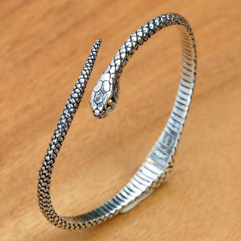 UNICEF Market | Realistic Sterling Silver Snake Bracelet with 18k Gold Eyes - Earth Serpent Earth Serpent, Silver Snake Bracelet, Snake Bangle, Snake Rings, Arm Jewelry, Snake Jewelry, Snake Bracelet, Sterling Silver Rings Bands, Silver Jewels