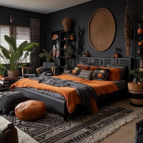 #roominspo #homedecorideas #interiordesign #roomgoals #roommakeover #homedecorinspiration #roomdecor #roominspiration #roomdesign #roomtransformation Dark Grey And Burnt Orange Bedroom, Dark Green Bedroom Ceiling, Black And Maroon Bedroom, Dark Mid Century Bedroom, Moody Orange Bedroom, Black And Burnt Orange Bedroom, Burnt Orange And Black Bedroom, Black And Terracotta Bedroom, Aesthetic Single Bed