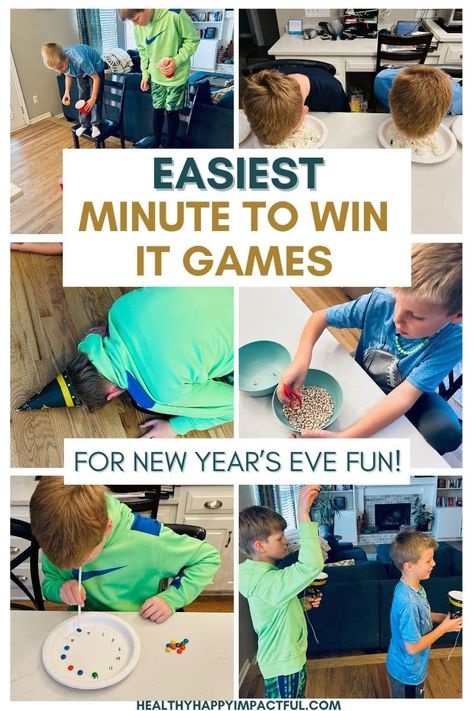 new years eve minute to win it games for kids and family; easy; best; hilarious; fun New Years Eve Party Activities For Kids, Kids Minute To Win It Games Birthday, New Year Eve Minute To Win It Games, New Years Eve Minute To Win It Kids, New Year’s Party Games For Kids, Nye Kids Activities Fun Games, New Years Even Kids Activities, New Years Even With Kids, Easy Nye Activities For Kids