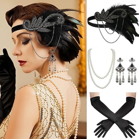 Flapper Accessories 20s Style, 1920s Flapper Headpiece, Harlem Nights Outfits, Great Gatsby Makeup, Gatsby Design, Great Gatsby Accessories, 1920s Vintage Dresses, Gatsby Party Outfit, Roaring 20s Fashion