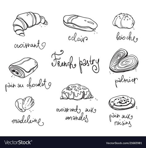 Pastry Tattoo, France Tattoo, French Pictures, Baked Desserts, French Illustration, French Tattoo, Food Tattoos, Food Doodles, Food Sketch