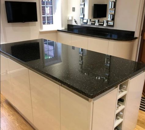 Galaxy Granite Kitchen, Absolute Black Granite Countertops, Alternative Countertops, Black Granite Kitchen Countertops, Black Granite Kitchen, Galaxy Granite, Black Pics, Kitchen Slab, Black Countertop