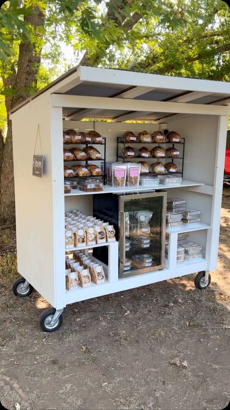 Casey Lynn’s Kitchen | Roadside Bakery Cart opens today @ Noon!! 716 S Forewood Dr Ark city | Instagram Bakery Inspiration Design, Bake Stand Display, Farmers Market Baking Ideas, Farmers Market Baked Goods Packaging, Micro Bakery Stand, Bakery On Wheels, Bakery Market Display, Bakery Setup Ideas, Porch Pick Up Bakery