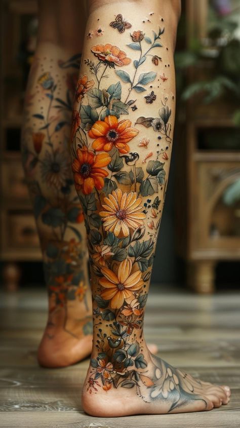 Nature Body Art, Tattoo Back Leg Woman, Tattoo Leg Flower, Woman Nature Tattoo, Flower And Animal Tattoo Sleeve, Floral Tattoo Leg Sleeve, Wild Flower Leg Tattoos Women, Tattoed Legs Woman, Tatoos Legs Woman