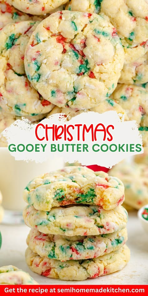 These Christmas Gooey Butter Cookies are a festive take on a classic cake mix cookie. With a soft, melt-in-your-mouth texture thanks to the cream cheese, they're easy to make and perfect for holiday cookie exchanges. Add sprinkles for a Christmas touch that everyone will love. Cookie Recipes Gooey, Gooey Desserts, Butter Cookie Recipe Easy, Christmas Cookie Cake, Gooey Butter Cookies, Resepi Biskut, Gooey Butter, Cookie Recipes Unique, Christmas Cookies Easy