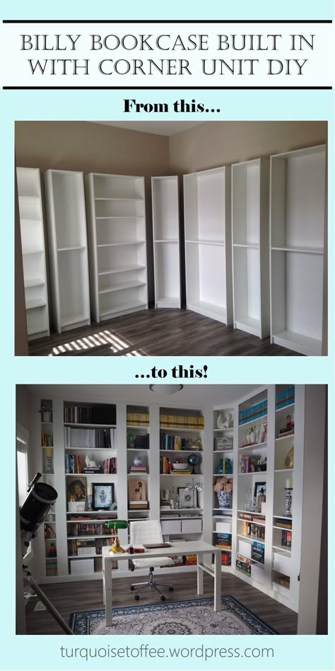 Billy Bookcase Built-In with Corner Unit DIY: Our Library Reveal – turquoise toffee Diy Library, Billy Ikea, Ikea Desk Hack, Bookcase Diy, Ikea Hack Ideas, Ikea Furniture Hacks, Decor Ikea, Billy Bookcase, Home Library Design