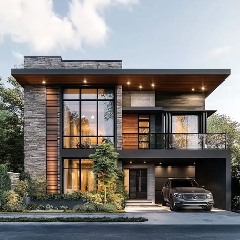 Dreaming of a home that perfectly blends modern elegance with timeless design. 🏡✨ #ModernLiving #ArchitecturalDesign #dreamhome Modern House Exterior With Garage, Two Story Modern House Design, Modern Home Front Exterior, Modern Duplex Design Exterior, Modern Loft Exterior, Modern House 2 Floor, La Modern House, Perfect House Modern, Small Contemporary House Exterior