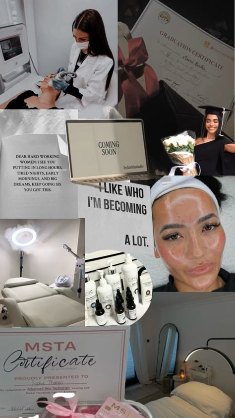 Esthetician Career Aesthetic, Beautiful Skin Vision Board, Esthetician Portfolio Examples, Medical Esthetician Vision Board, Beauty School Esthetician Aesthetic, Mood Board Esthetician, Esthetician License Aesthetic, Black Dermatologist Aesthetic, Beauty Clinic Aesthetic