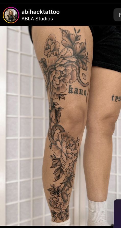 Thigh Leg Sleeve Tattoo, Leg Sleve Woman, Thigh Elephant Tattoo Women, Flower Tattoo On Leg For Women, Womans Leg Sleeve Tattoos, Big Cover Up Tattoos For Women Leg, Above Buttcrack Tattoo, Flowers Up Leg Tattoo, Girly Leg Sleeve Tattoo