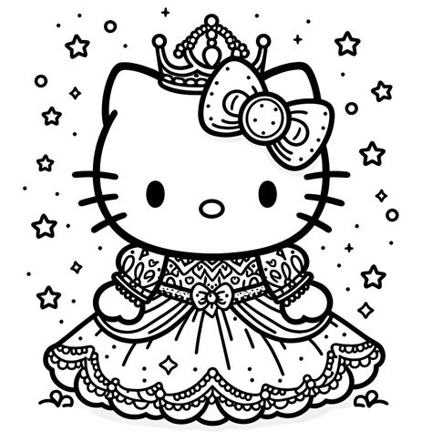 Hello kitty Princess Coloring Page (Free Printable) coloringbooksforadults #enchantedcoloring #foxprintables☘ Kawaii Drawings Doodles, Kawaii Coloring Pages Free Printable, Free Printable Hello Kitty, Cute Kawaii Coloring Pages, Goth Coloring Pages, Diy Coloring Pages, Printable Hello Kitty, Art Cute Kawaii, Hello Kitty Colouring