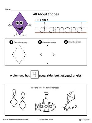 All About Diamond Shapes in Color Worksheet.Learn all about the diamond shape in this printable worksheet. Practice tracing, drawing, and coloring pictures of diamond shapes. Kids Shapes, Shape Worksheets For Preschool, Shapes Printable, Shapes Worksheet Kindergarten, Bloom's Taxonomy, Shape Tracing Worksheets, Practice Tracing, Shapes Kindergarten, Printable Shapes