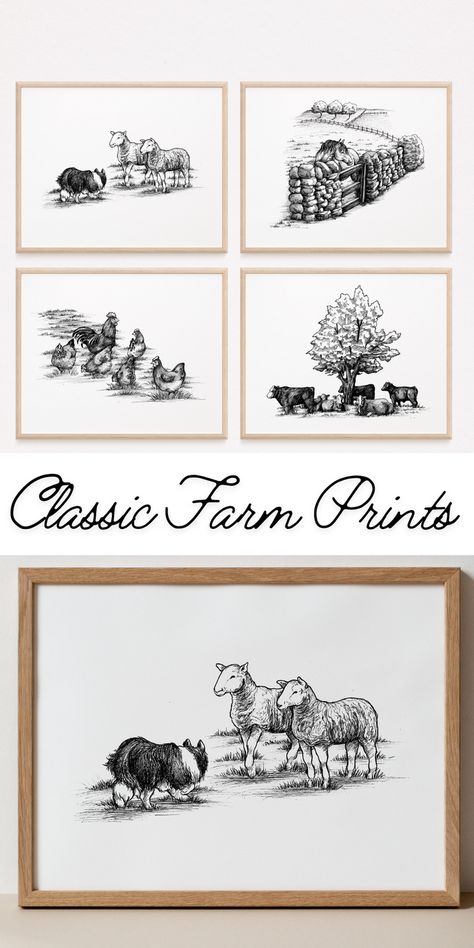 Classic Farm Nursery Decor Set of 4 Farm Nursery Girl, Horse Nursery Theme, Farm Animal Illustration, Barnyard Nursery, Farm Nursery Theme, Farm Prints, Horse Nursery, Farm Nursery Decor, Art Print Black And White