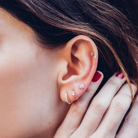 Ear candy secrets by @brokenenglishjewelry. Featured jewelry: Diamond Trinity stud (helix), Flower Stud (3rd earlobe), Princess Diamond ring Septum Piercings, Double Piercing, Cute Ear Piercings, Maria Tash, Cute Piercings, Tragus Piercing, Lobe Piercing, Ear Jewelry, Helix