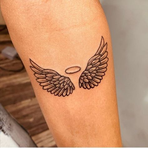 Angel Wings Remembrance Tattoo, Small Wing Tattoos For Women, Angel Wings Leg Tattoo, Angel Wing And Halo Tattoo, Wings Tattoo Design For Women, Angel Wing Tattoo For Men, Small Wings Tattoo Design, Wings Tattoo Leg, Angels Tattoo For Women