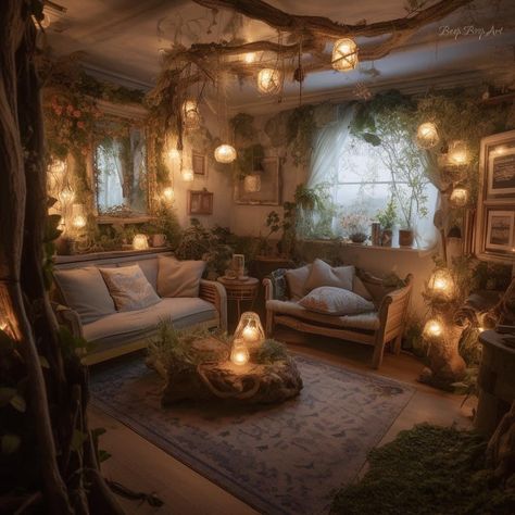 Fantasy Aesthetic Living Room, Moss Blanket Aesthetic, Fairy Aesthetic House Decor, Fantasy Aesthetic Room Decor, Fairy Inspired House Interior, Fantasy Cottage Living Room, Cozy Room Aesthetic Dark Forest, Forestcore Home Decor, Fairy Cottage Living Room