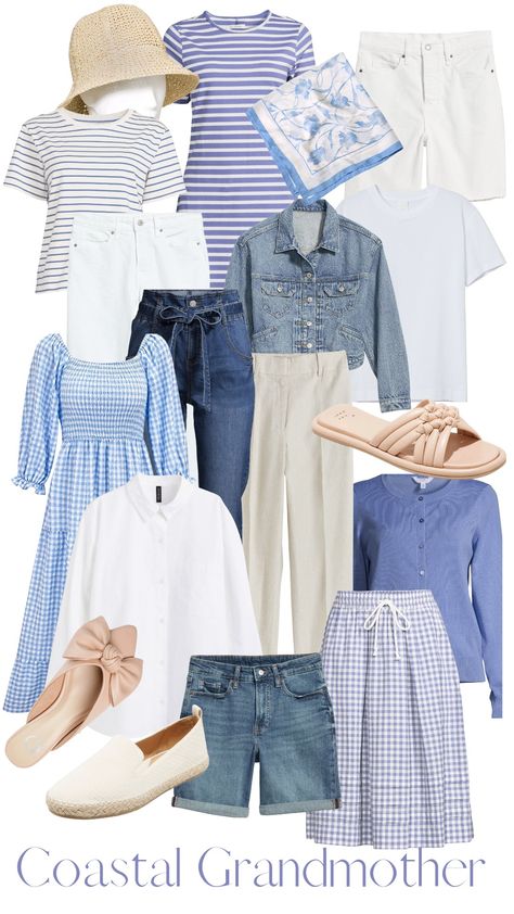 Blue and white Coastal Grandmother fashion Costal Grandmother Clothes, Blue Spring Outfits Women, Costal Grandmother Aesthetic Outfits, Coastal Grandmother Style Clothing, Coastal Grandmother Summer Outfits, Coastal Granny Style, Coastal Grandmother Capsule Wardrobe, Coastal Grandma Outfits Summer, Coastal Grandmother Fashion