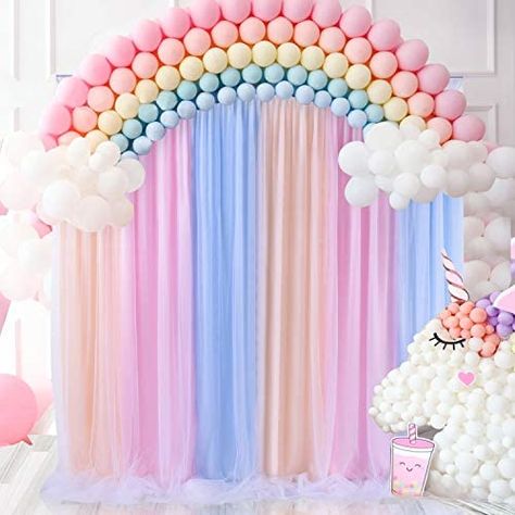 Pastel Rainbow Backdrop, Care Bears Birthday Party, Rainbow Themed Birthday Party, Unicorn Backdrop, Rainbow Backdrop, Care Bear Birthday, 1st Birthday Girl Decorations, Baby Birthday Decorations, Unicorn Themed Birthday Party