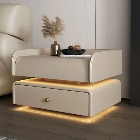 Bed Side Box Design Modern, Side Tables Unique, Unique Side Table Design, Aesthetic Side Table Ideas, Bed Side Table Design Modern Luxury, Side Box For Bed, Unique Side Tables Bedroom, Side Unit Design, Bed Side Design