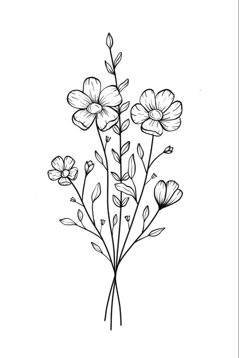 Line art, simple drawing, line art flower art, tattoo flower idea Small Floral Drawing, Line Drawings Of Flowers Simple, Cute Floral Designs, Wild Flower Line Art, Out Line Drawing Images, Simple Floral Line Art, How To Draw Florals, Wedding Flowers Drawing, Line Art Flower Drawings