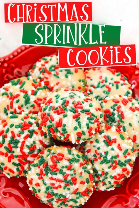 Christmas Sugar Sprinkle Cookies, Easy Christmas Sprinkle Sugar Cookies, Sugar Cookie Rolled In Sprinkles, Christmas Sprinkles Cookies, Cookie Recipes With Sprinkles, Christmas Butter Sprinkle Cookies, Sugar Cookie Balls Christmas, Christmas Cookie Bake Party, Smashed Sugar Cookies