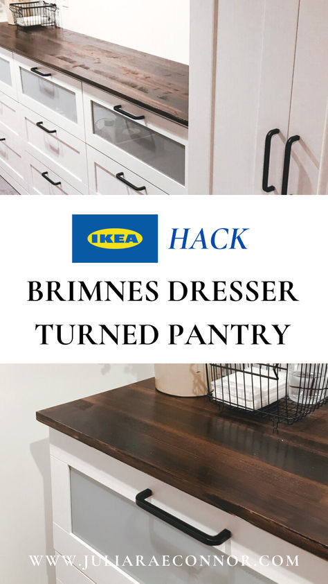 3 Ikea Brimnes dressers side by side with a DIY stained wood countertop. This serves as extra storage in our laundry room as well as extra pantry space. Dresser In Pantry, Dresser To Pantry Diy, Ikea Brimnes Hack Dressers, Brimnes Dresser Hack, Pantry Ikea Hack, Dressers Side By Side, Brimnes Dresser, Brimnes Cabinet Hack, Ikea Brimnes Hack