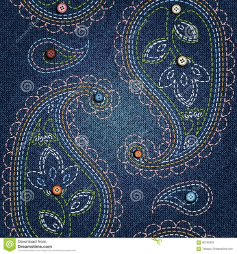 Illustration about Seamless background pattern. Texture of denim fabric with buttons and embroidery of paisley.. Illustration of fabric, texture, embroidery - 60145833 Paisley Embroidery, Kantha Embroidery, Sashiko Embroidery, Hand Work Embroidery, Embroidery Flowers Pattern, Kantha Work, Creative Embroidery, Japanese Embroidery, Handwork Embroidery Design