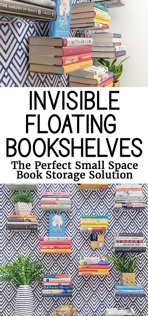 These invisible floating bookshelf brackets are affordable and the perfect book storage solution when you don't have room for a bookcase! Shelves Made Of Books, Non Bookshelf Book Storage, Bookshelf Walls Living Room, Book Storage For Bedroom, Floating Shelf Book, Bookshelf Ideas Small Spaces, Diy Invisible Bookshelf, Corner Book Storage, Bookshelves For Small Spaces Living Room