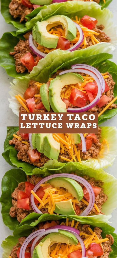 Turkey Taco Lettuce Wraps: a healthy, low-carb twist on tacos! Ground turkey, seasoned to perfection, wrapped in crisp lettuce leaves for a fresh and flavorful meal that’s both satisfying and light. Lettuce Wrap Dinner Recipes, Ground Turkey Butter Lettuce Wraps, Lettuce Wrap Fajitas, Lettuce Wraps With Ground Chicken, Low Cholesterol Tacos, Turkey Burger Lettuce Wraps, Healthy Turkey Tacos, Healthy Dinner Wraps Recipes, Lettuce Wrap Burger Healthy