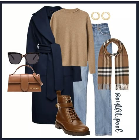 Navy Fall Outfits For Women, Navy Blue Autumn Outfit, Blue Navy Coat Outfit, Navy And Brown Outfits For Women, Navy Blue Outfit Winter, Brown Navy Outfit, Navy Coat Outfits For Women, Brown And Blue Outfit Color Combos, Navy Blue Coat Outfits For Women