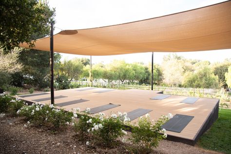 Olde Oak Meadow Yoga - Outdoor Vineyard Yoga & Infrared Heated Yoga Studio in Santa Ynez Greenhouse Yoga Studio, Yoga Platform Outdoor, Yoga Deck Outdoor, Yoga Garden Space, Outdoor Yoga Platform, Outdoor Yoga Space, Outdoor Yoga Studio, Yoga Platform, Yoga Area