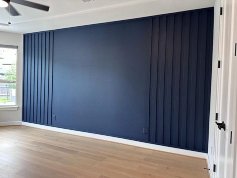 Wood Slat Accent Wall Blue, X Accent Wall, Orange Bedroom Accent Wall, Accent Wall Dark Blue, Navy And Grey Office, Small Space Accent Wall, Wall To Ceiling Design, Office Accent Wall Color, Tv Wall Color Ideas