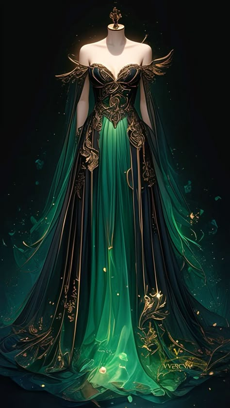 Evil Ball Gown, Dark Green Gown Elegant, Dragon Queen Dress, Green Fantasy Outfit, Mystical Dresses Fairytale, Black Dragon Dress, Dragon Dress Fantasy Gowns, Green Fantasy Dress, Judge Turpin