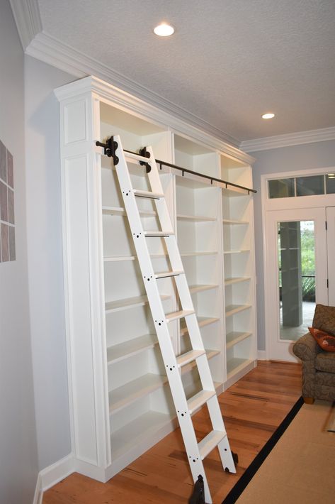 Library Ladder In Pantry, Sliding Ladder Bookshelf, Home Library Ideas, Shower Cabinets, Floor To Ceiling Bookshelves, Home Library Rooms, Library Bedroom, Bookcase Diy, Large Bookcase