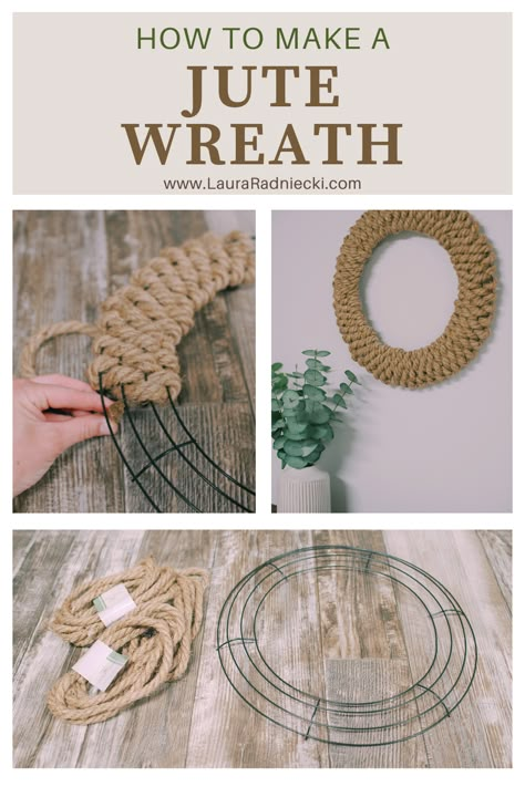 Learn how to make a DIY jute wreath using jute rope and a wire wreath form from the Dollar Tree in this simple craft tutorial! Jute Wreath, Rope Wreath Diy, Jute Twine Crafts, Rope Wreath, Twine Crafts, Rope Projects, Wire Wreath Forms, Easy Diy Wreaths, Diy Christmas Wreaths Ideas