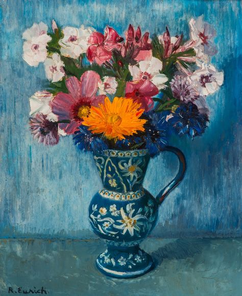 Still Life with Flowers in a Vase - Richard Eurich (1903-1992) Flowers In Vase Painting, Still Life With Flowers, Morning Tuesday, Vase Painting, Early Spring Flowers, Flowers In Vase, Flowers In A Vase, Flowers Painted, Drawing Projects